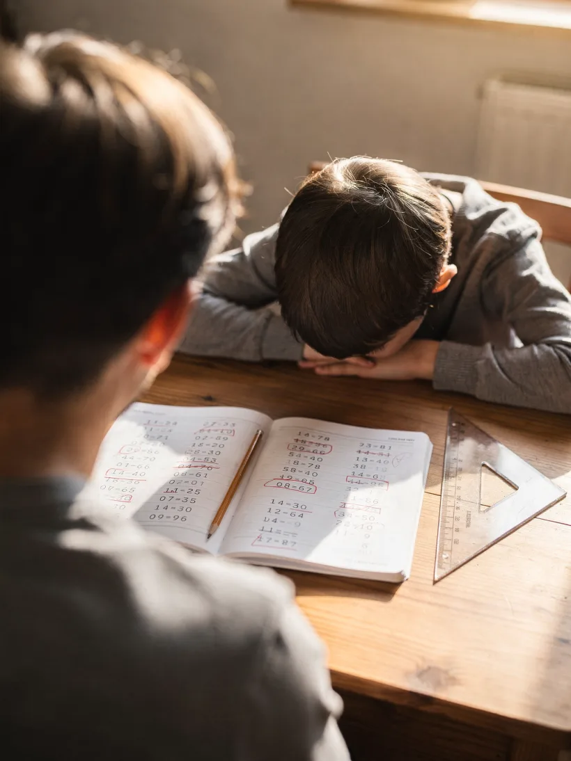 A tutor and a child at a wooden desk, seen from behind over an open exercise book of sums marked in red pen, a pencil and a mathematical set beside it: the work