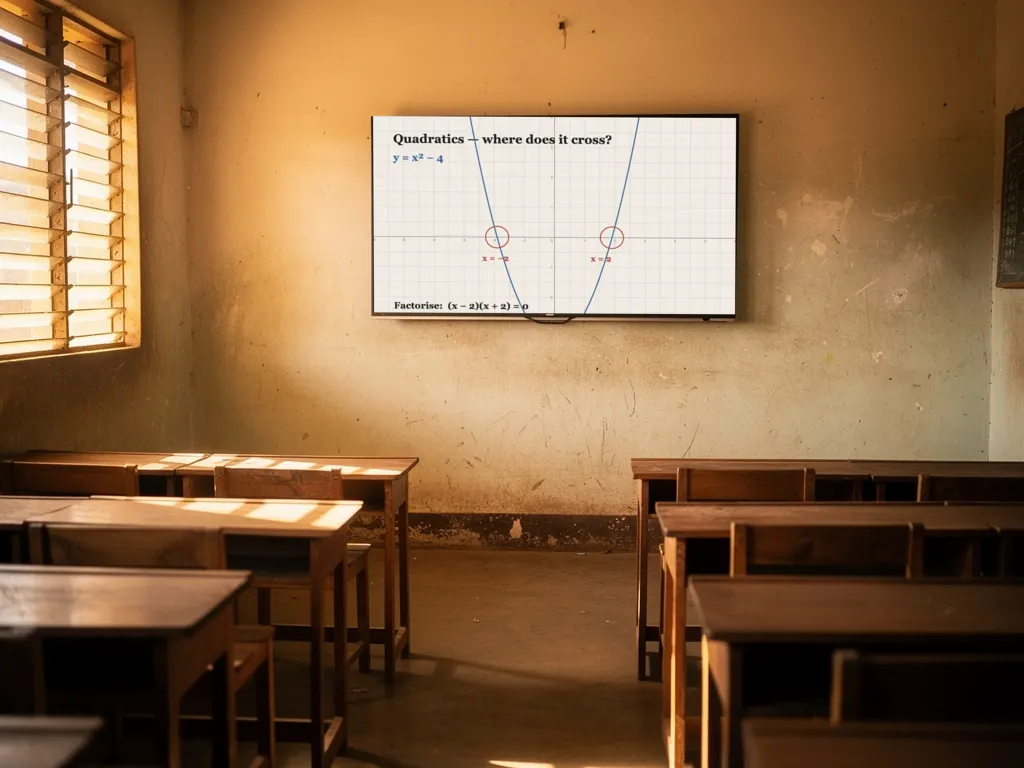 The same classroom with a large television at the front showing the Classroom Board: a plotted parabola with its two roots ringed in red pen.